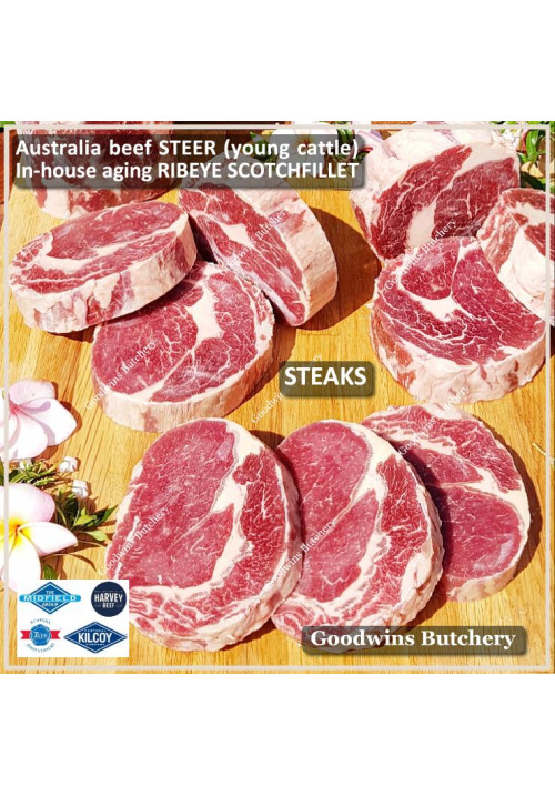 Beef Ribeye AUSTRALIA STEER (young cattle) aged by Goodwins brand Harvey/Midfield frozen steak cuts 1cm 3/8" price/pack 500g 3pcs (Scotch-Fillet / Cube-Roll)